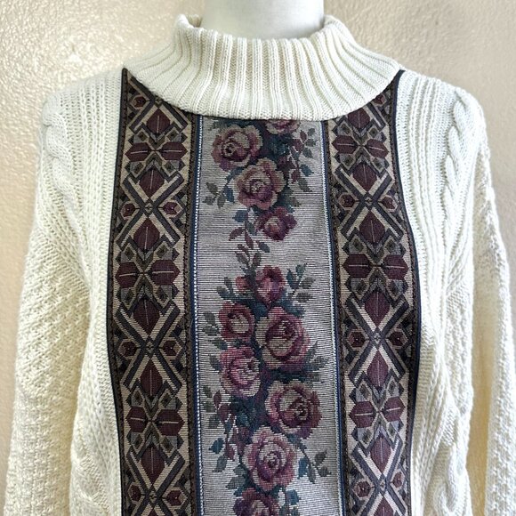 Nion de Lenclos Vtg 80s Cream Knit Turtle Two Toned Comfy Sweater - Picture 2 of 5